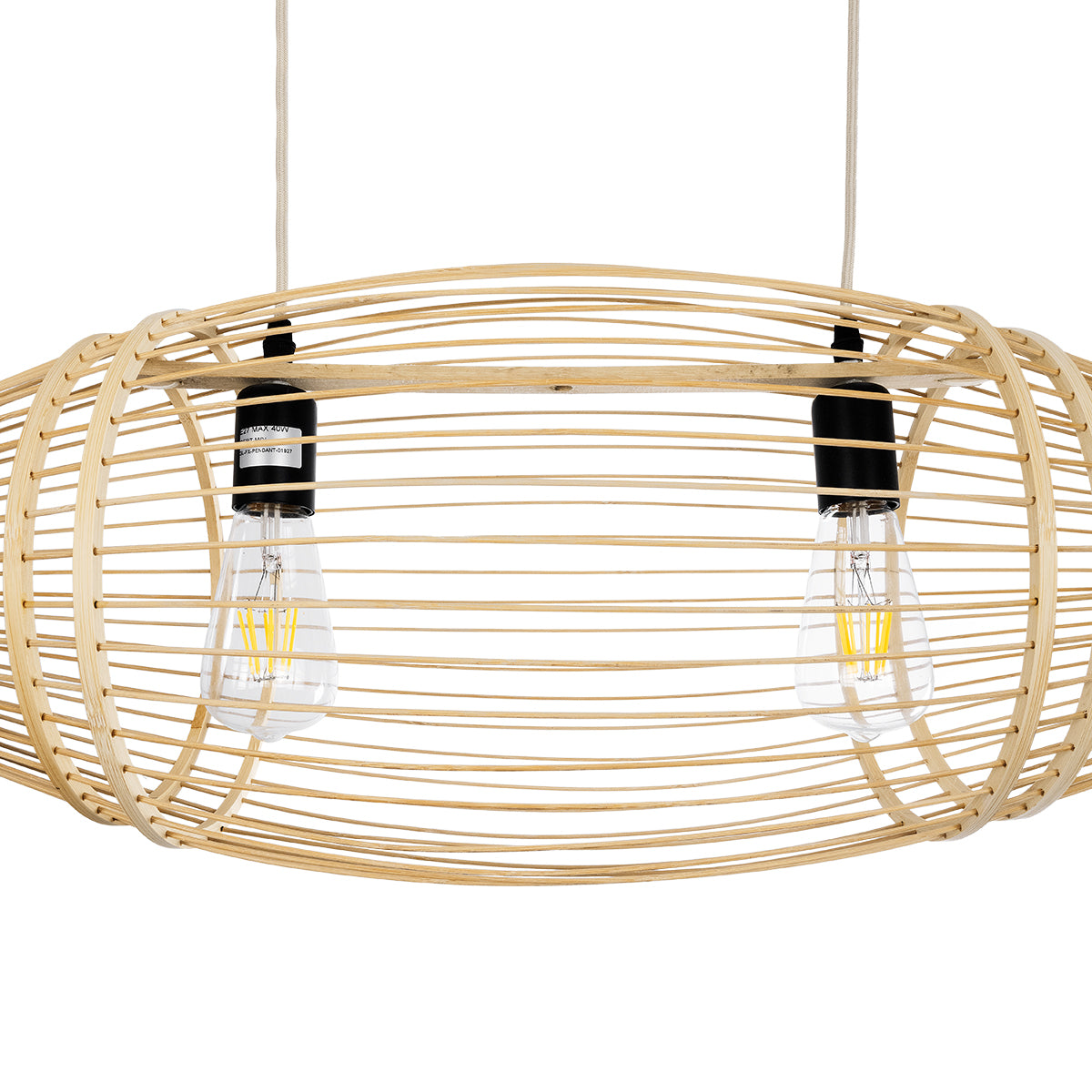 GloboStar® FISH 01927 Μοντέρνο Κρεμαστό Φωτιστικό Οροφής  2 x E27 AC 220-240V IP20 - Μ130 x Π42 x Υ42cm - Μπεζ Ξύλινο Πλέγμα - ledmania.gr