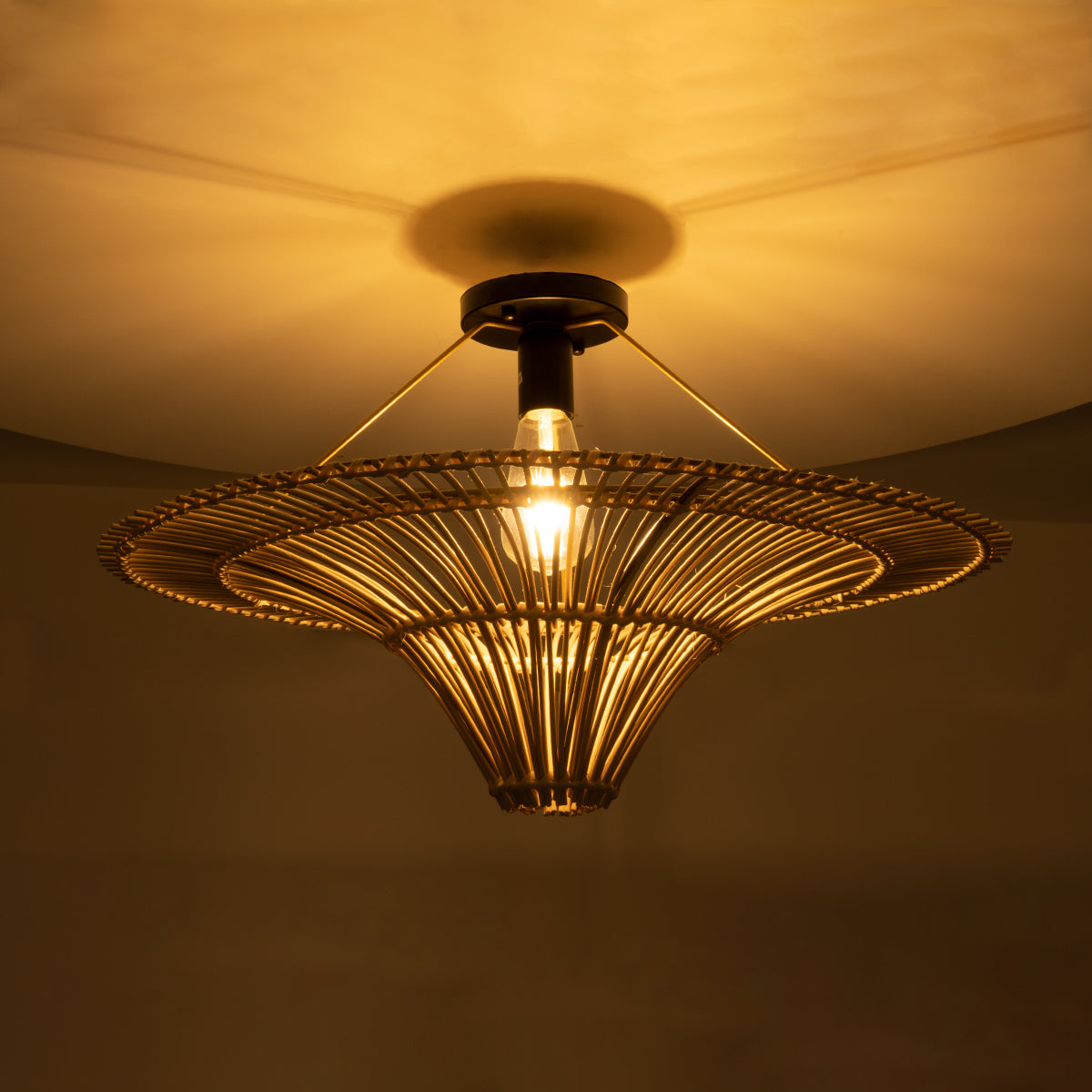 GloboStar® PALERMO 02152 Boho Φωτιστικό Οροφής Μονόφωτο 1 x E27 AC220-240V IP20 - Φ60 x Υ36cm - Μπεζ Ξύλινο Μπαμπού Πλέγμα - ledmania.gr