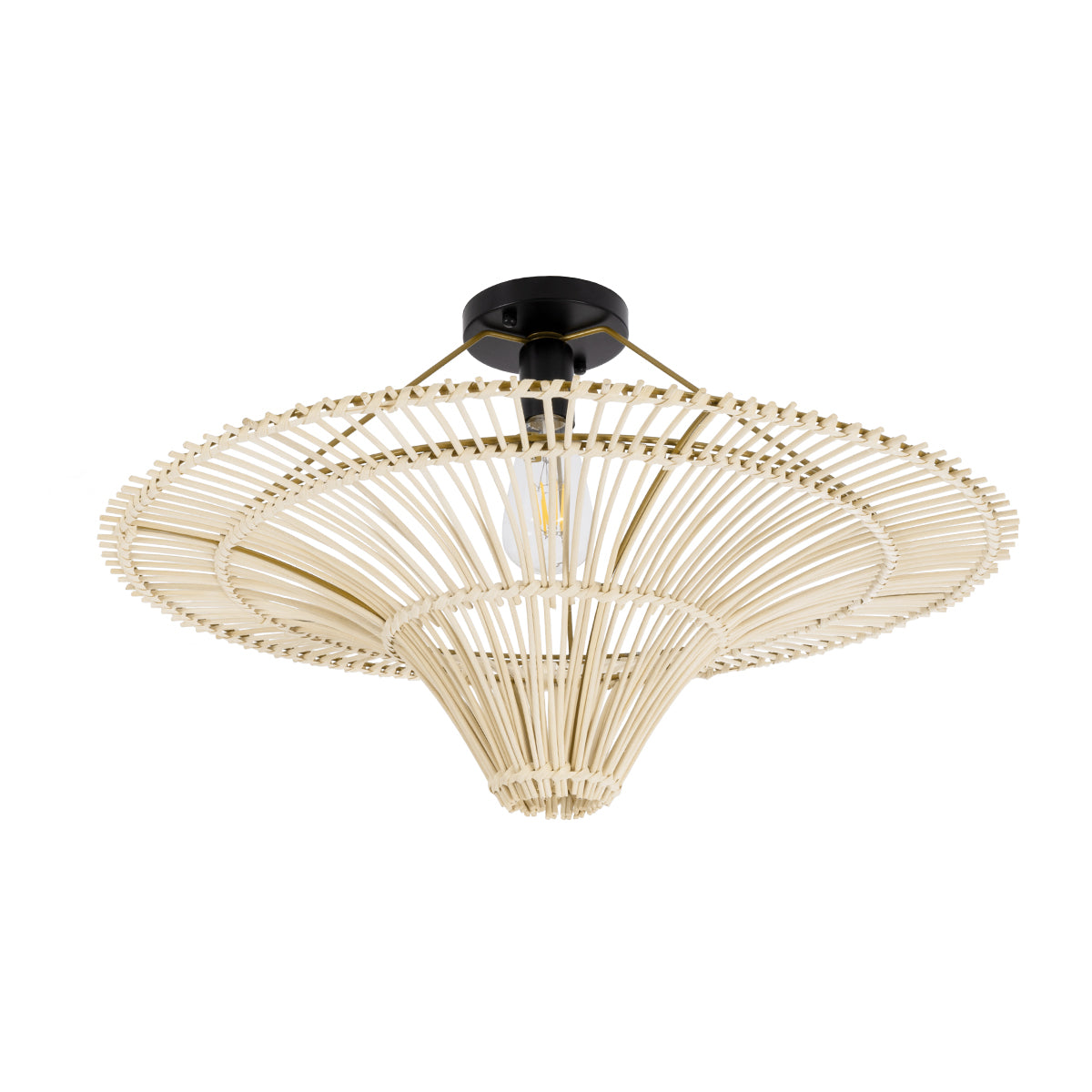 GloboStar® PALERMO 02152 Boho Φωτιστικό Οροφής Μονόφωτο 1 x E27 AC220-240V IP20 - Φ60 x Υ36cm - Μπεζ Ξύλινο Μπαμπού Πλέγμα - ledmania.gr