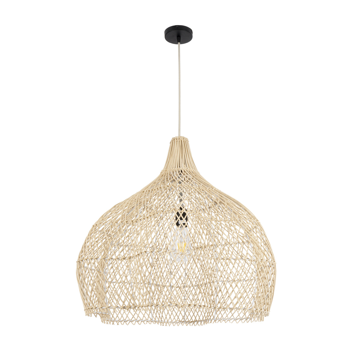 GloboStar® ADEJE 02210 Boho Κρεμαστό Φωτιστικό Οροφής Μονόφωτο 1 x E27 AC220-240V IP20 - Φ60 x Υ60cm - Μπεζ Ξύλινο Μπαμπού Πλέγμα Καμπάνα - ledmania.gr