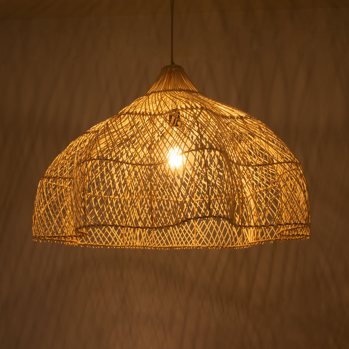 GloboStar® ADEJE 02211 Boho Κρεμαστό Φωτιστικό Οροφής Μονόφωτο 1 x E27 AC220-240V IP20 - Φ80 x Υ55cm - Μπεζ Ξύλινο Μπαμπού Πλέγμα Καμπάνα - ledmania.gr