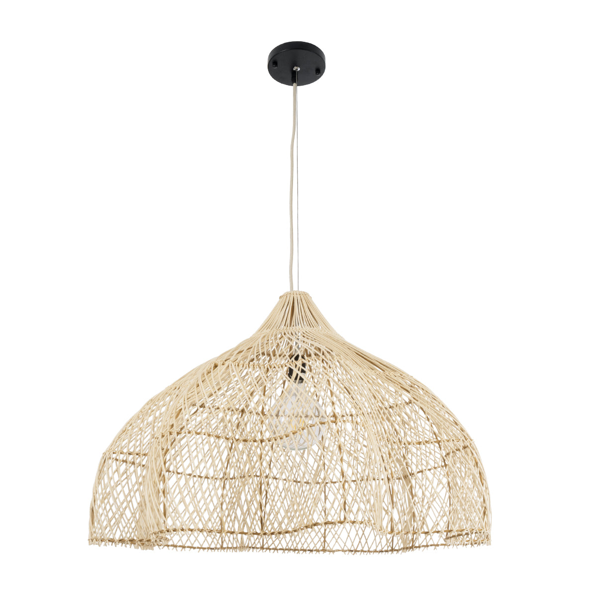 GloboStar® ADEJE 02211 Boho Κρεμαστό Φωτιστικό Οροφής Μονόφωτο 1 x E27 AC220-240V IP20 - Φ80 x Υ55cm - Μπεζ Ξύλινο Μπαμπού Πλέγμα Καμπάνα - ledmania.gr