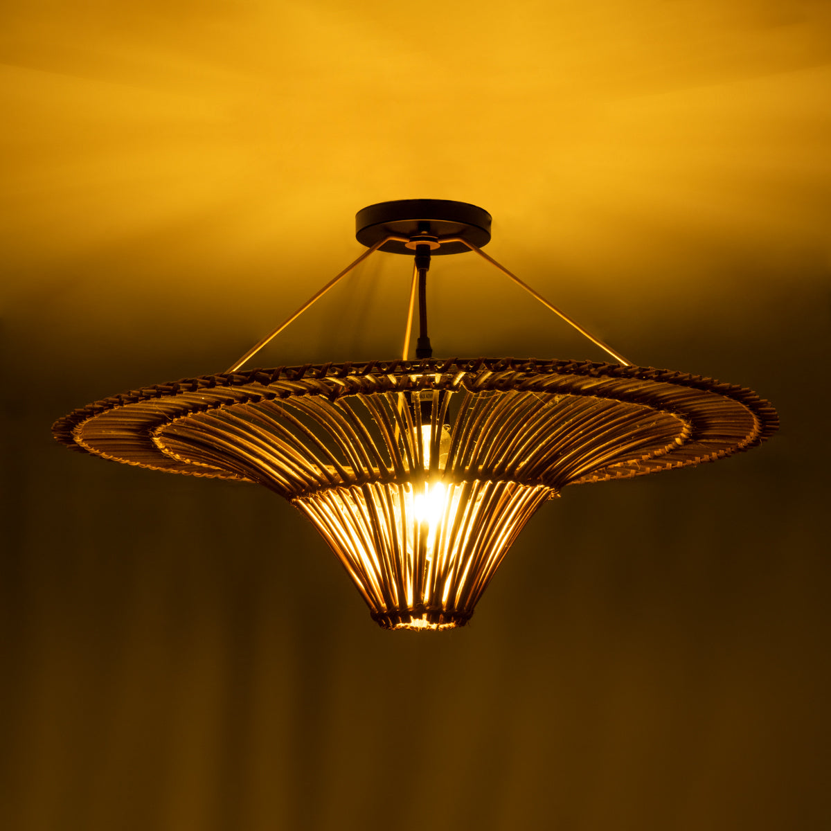 GloboStar® PALERMO 02308 Boho Φωτιστικό Οροφής Μονόφωτο 1 x E27 AC220-240V IP20 - Φ60 x Υ36cm - Μπεζ Καφέ Ξύλινο Μπαμπού Πλέγμα - ledmania.gr