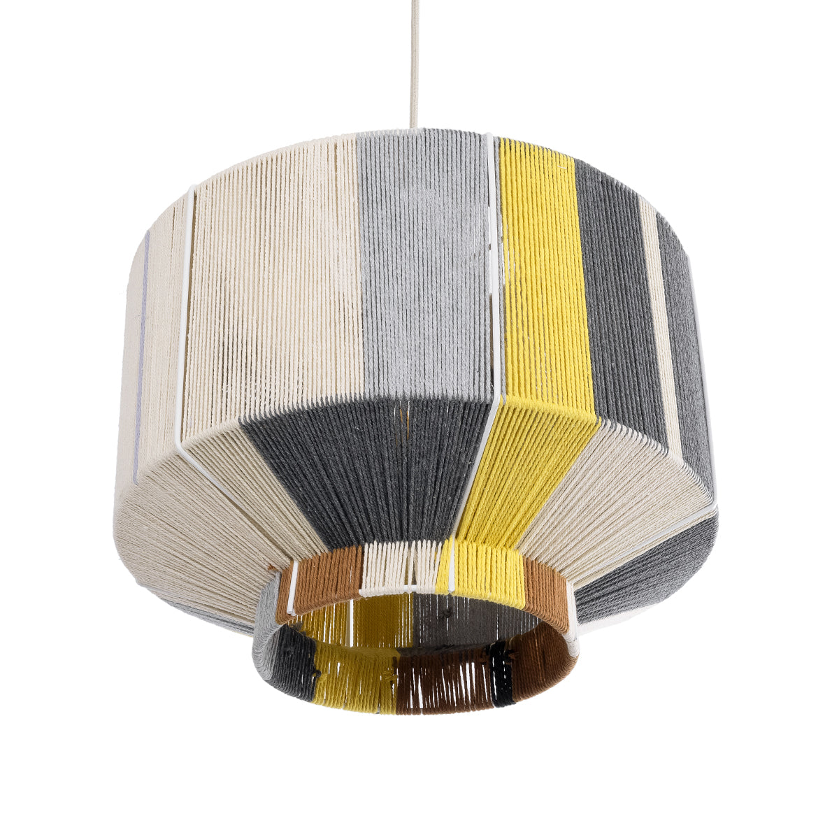 GloboStar® SALERNO 02388 Boho Κρεμαστό Φωτιστικό Οροφής Μονόφωτο 1 x E27 AC220-240V IP20 - Φ40 x Υ35cm - Γρι με Κίτρινο και Μπεζ - Καφέ με Μωβ Λεπτομέρεια Λεπτό Νήμα Πλέγμα Βαμβακερό Καπέλο - ledmania.gr