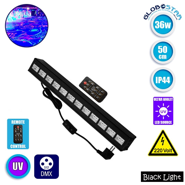 LED Μπάρα Φωτισμού UV 50cm 36W 230V 120° DMX512 με Ασύρματο Χειριστήριο Black Light GloboStar 05036
