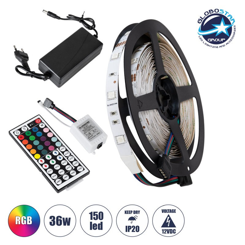 Σετ Ταινία LED 5m 36W/5m 12V 150LED 5050 SMD 600lm/m 120° IP20 με Ασύρματο Χειριστήριο και Τροφοδοτικό RGB GloboStar 06008