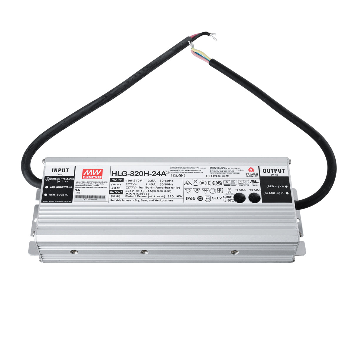 GLOBOSTAR® MEANWELL-HLG320H-24A 90794 Τροφοδοτικό/Μετασχηματιστής SELV 320W 13.3A DC24V Αδιάβροχο IP65 - AC 220-240V σε DC 24V / Ρυθμιζόμενο από DC 21V έως DC 26V - Μ25.2 x Π9 x Υ4.38cm - 3 Χρόνια Εγγύηση - ledmania.gr