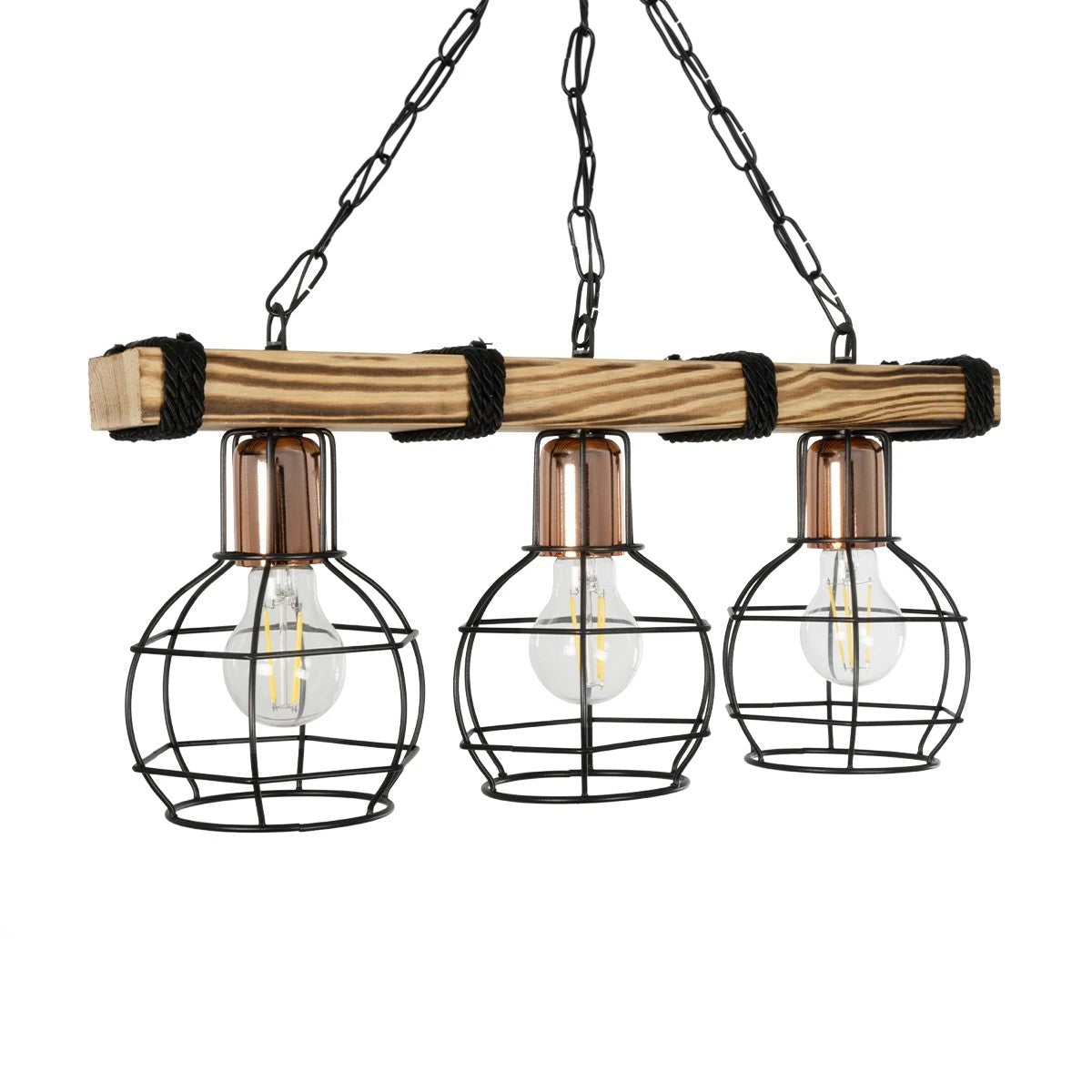 GloboStar® STARLO 201-0006 Vintage Κρεμαστό Φωτιστικό Ράγα Τρίφωτο 3 x E27 IP20 Μπεζ Ξύλο με Μαύρο Μέταλλο - Μ50 x Π16 x Υ23cm - ledmania.gr