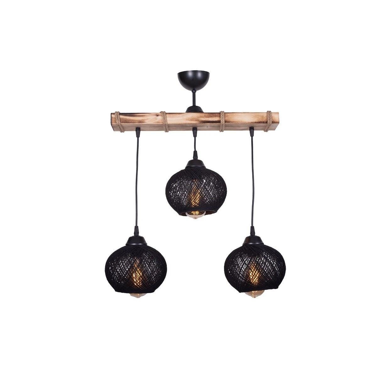 GloboStar® LUMA 201-0010 Vintage Κρεμαστό Φωτιστικό Ράγα Τρίφωτο 3 x E27 IP20 Μπεζ Ξύλο με Μαύρο Σχοινί - Μ50 x Π20 x Υ63cm - ledmania.gr