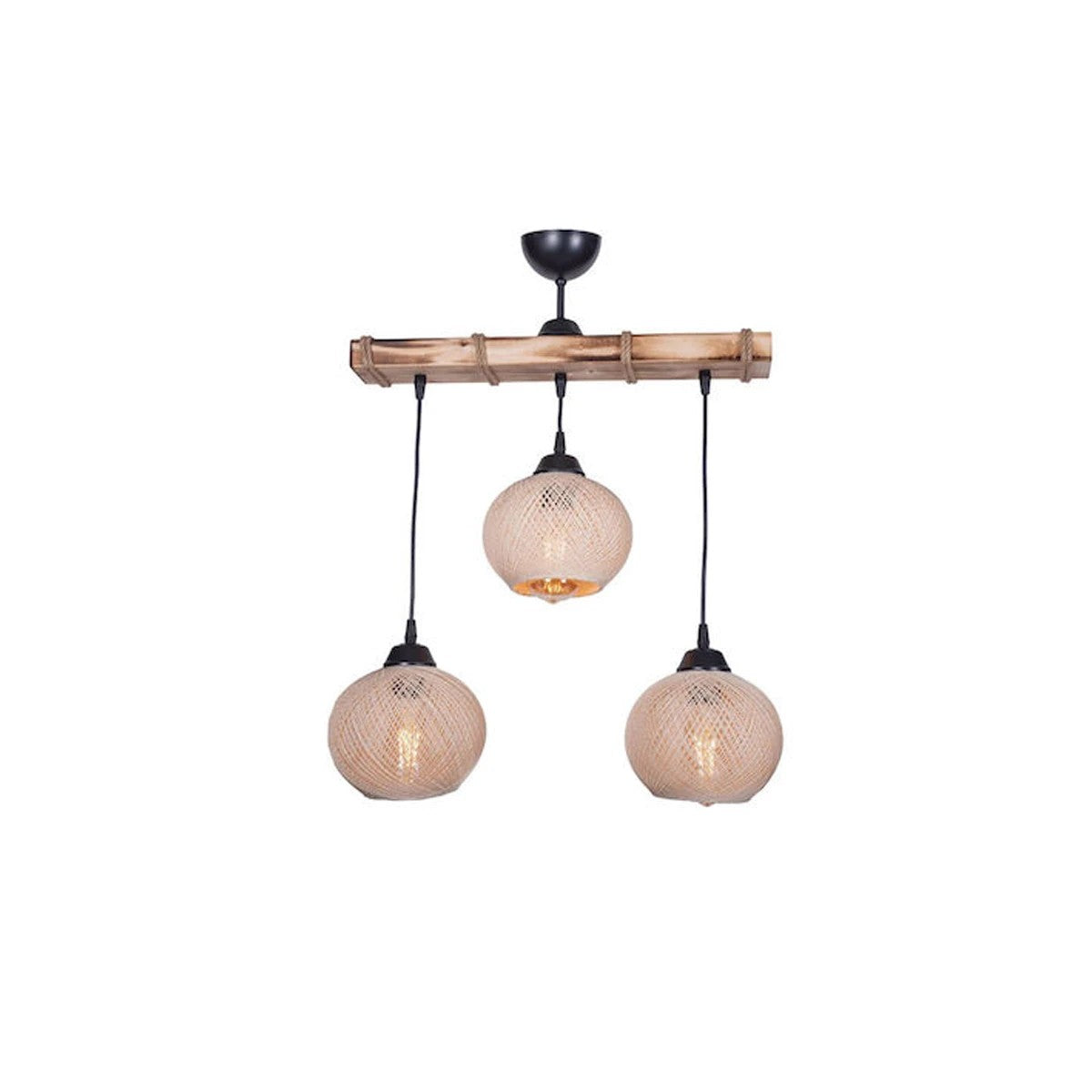 GloboStar® LUMA 201-0011 Vintage Κρεμαστό Φωτιστικό Ράγα Τρίφωτο 3 x E27 IP20 Μπεζ Ξύλο με Μπεζ Σχοινί - Μ50 x Π20 x Υ63cm - ledmania.gr