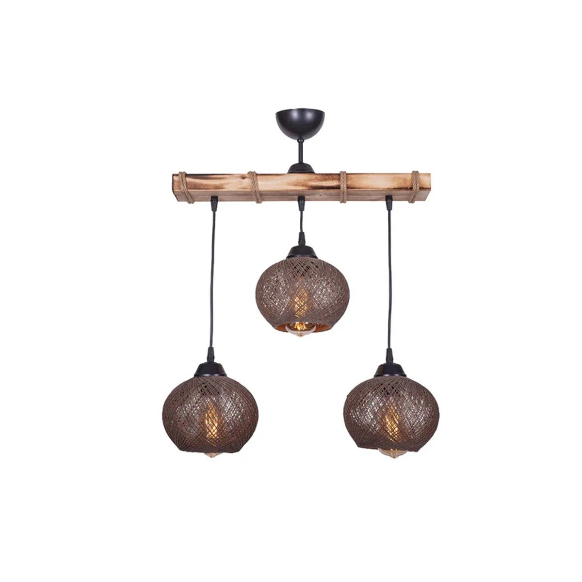 GloboStar® LUMA 201-0012 Vintage Κρεμαστό Φωτιστικό Ράγα Τρίφωτο 3 x E27 IP20 Μπεζ Ξύλο με Καφέ Σχοινί - Μ50 x Π20 x Υ63cm - ledmania.gr