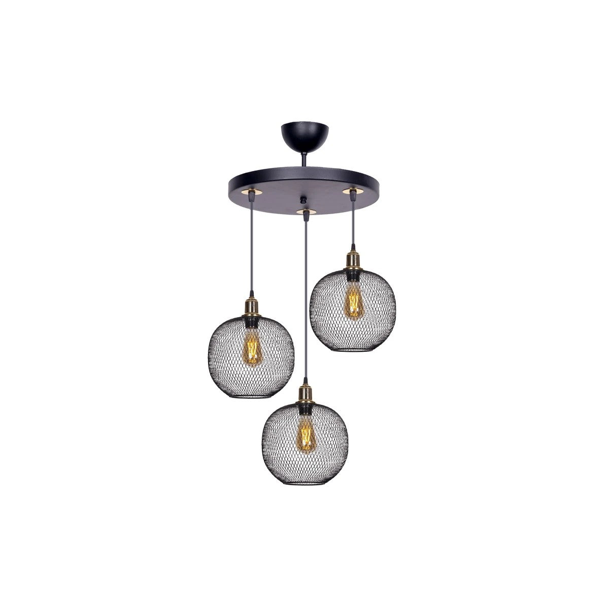 GloboStar® VIVIDUS 201-0020 Vintage Κρεμαστό Φωτιστικό Πλέγμα Τρίφωτο 3 x E27 IP20 Μαύρο και Χρυσό Μέταλλο - Μ32 x Π32 x Υ70cm - ledmania.gr