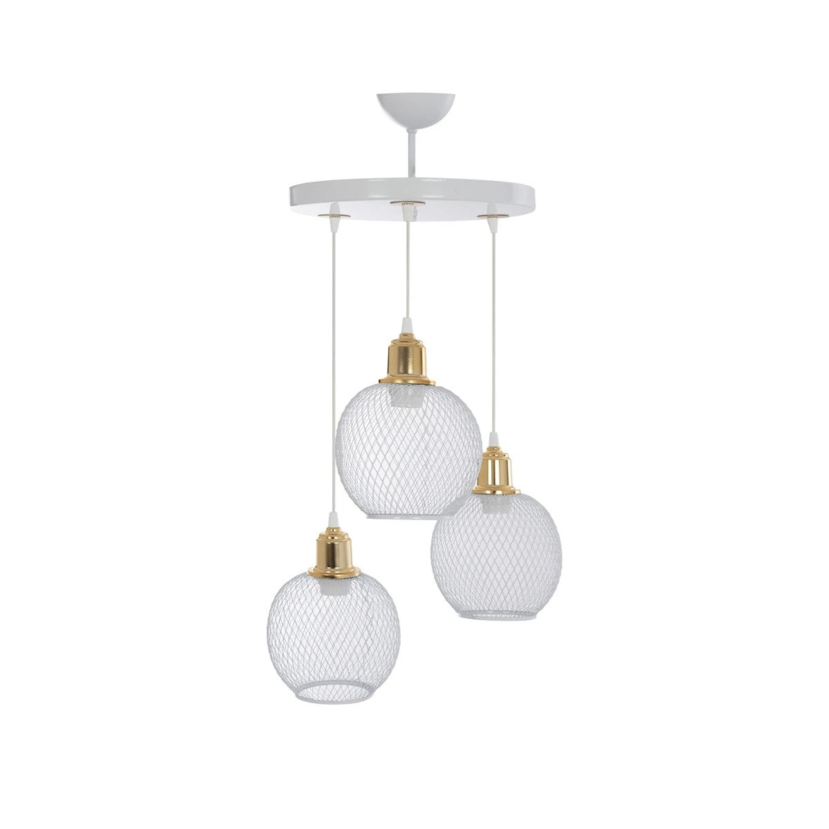 GloboStar® VIVIDUS 201-0021 Vintage Κρεμαστό Φωτιστικό Πλέγμα Τρίφωτο 3 x E27 IP20 Λευκό και Χρυσό Μέταλλο - Μ32 x Π32 x Υ70cm - ledmania.gr