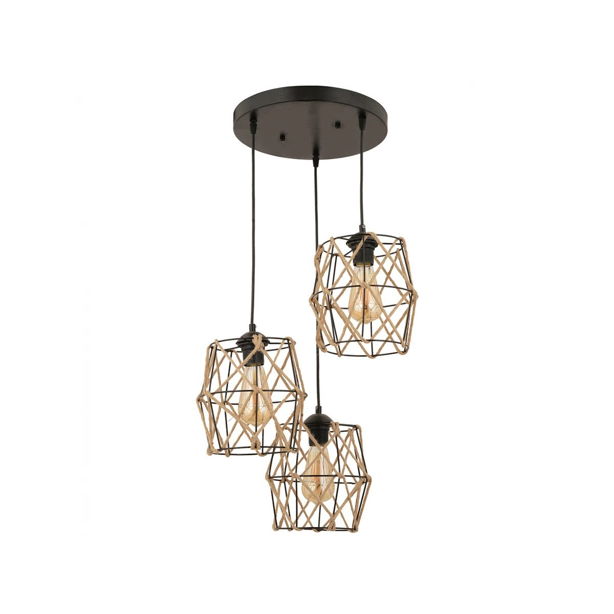 GloboStar® RAYLO 201-0048 Vintage Κρεμαστό Φωτιστικό Πλέγμα Τριφωτο 3 x E27 IP20 Mεταλλικό Μαύρο με Μπεζ Σχοινί - Μ30 x Π30 x Υ70cm - ledmania.gr