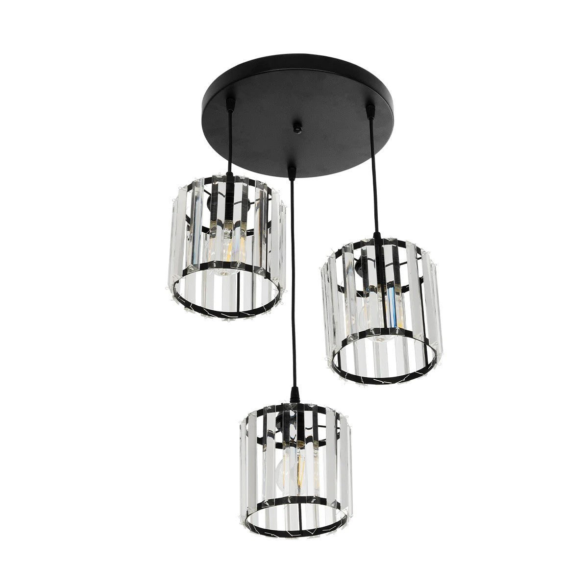 GloboStar® FLAREX 201-0084 Vintage Κρεμαστό Φωτιστικό Πλέγμα Τρίφωτο 3 x E27 IP20 Μαύρο Μέταλλο με Κρυστάλλους - Μ40 x Π40 x Υ50cm - ledmania.gr