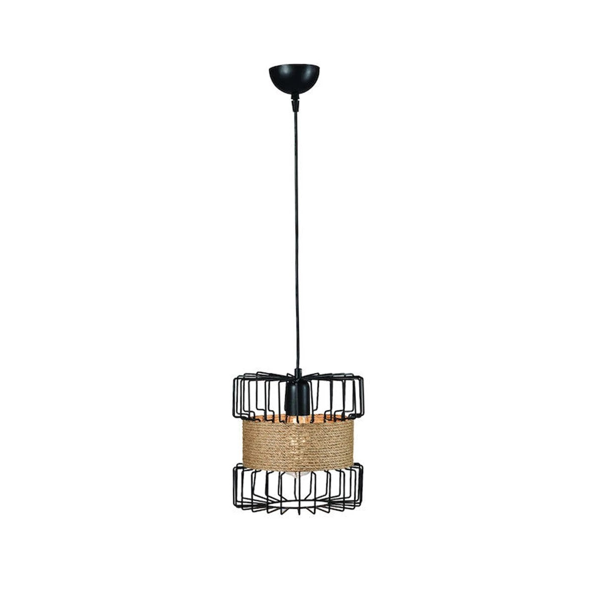GloboStar® ORB 201-0096 Vintage Κρεμαστό Φωτιστικό Πλέγμα Μονόφωτο 1 x E27 IP20 Μαύρο Μέταλλο με Μπεζ Σχοινί - Μ28 x Π28 x Υ80cm - ledmania.gr