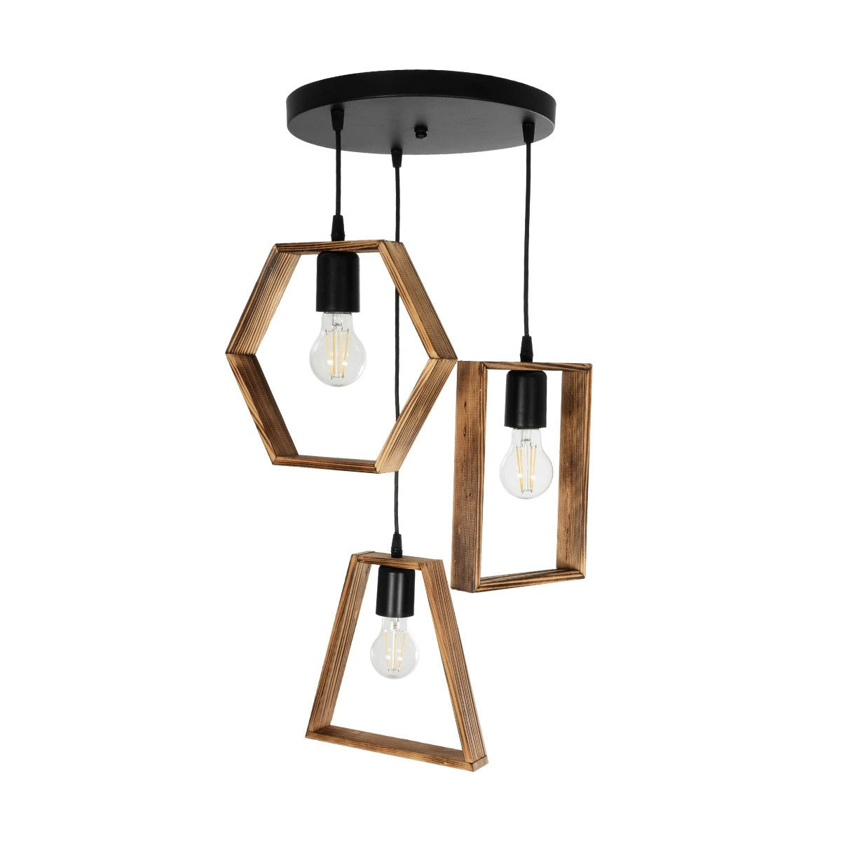 GloboStar® EMBER 201-0102 Vintage Κρεμαστό Φωτιστικό Φιγούρα Τρίφωτο 3 x E27 IP20 Μαύρο Μέταλλο με Καφέ Ξύλο - Μ50 x Π50 x Υ70cm - ledmania.gr
