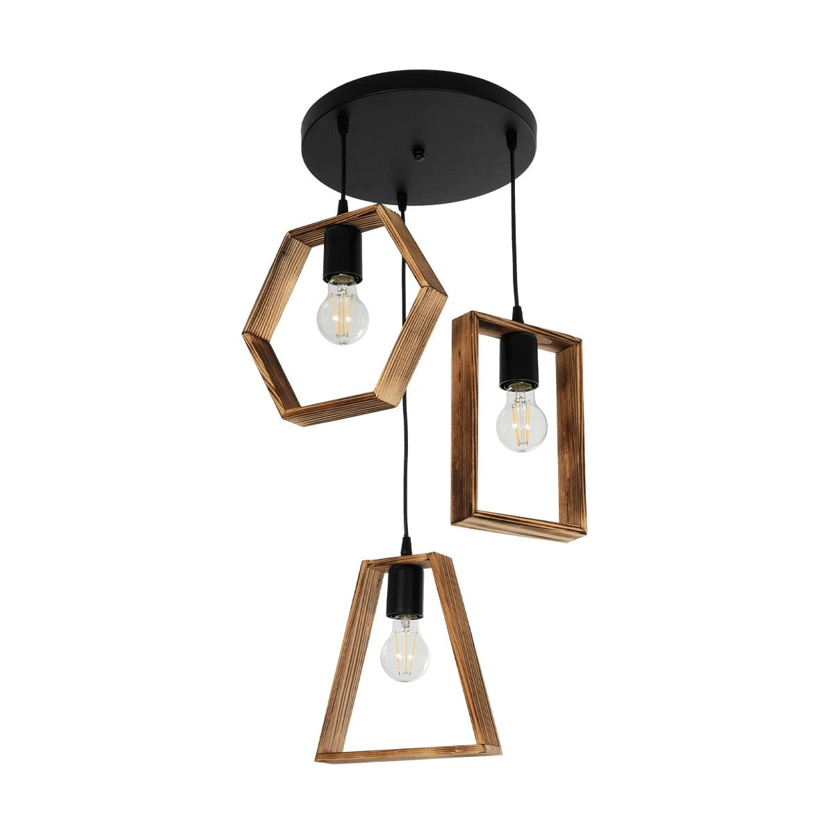 GloboStar® EMBER 201-0102 Vintage Κρεμαστό Φωτιστικό Φιγούρα Τρίφωτο 3 x E27 IP20 Μαύρο Μέταλλο με Καφέ Ξύλο - Μ50 x Π50 x Υ70cm - ledmania.gr
