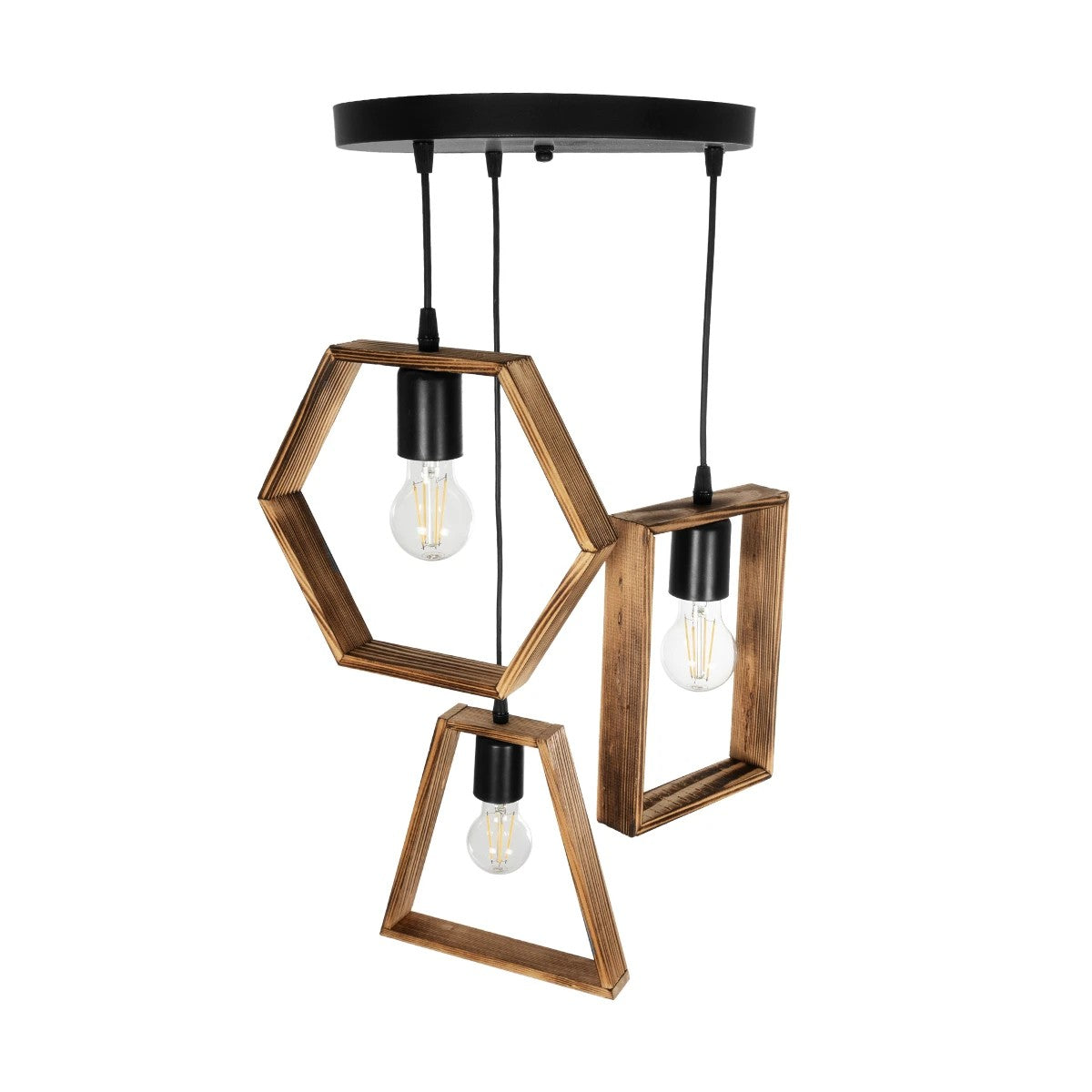GloboStar® EMBER 201-0102 Vintage Κρεμαστό Φωτιστικό Φιγούρα Τρίφωτο 3 x E27 IP20 Μαύρο Μέταλλο με Καφέ Ξύλο - Μ50 x Π50 x Υ70cm - ledmania.gr