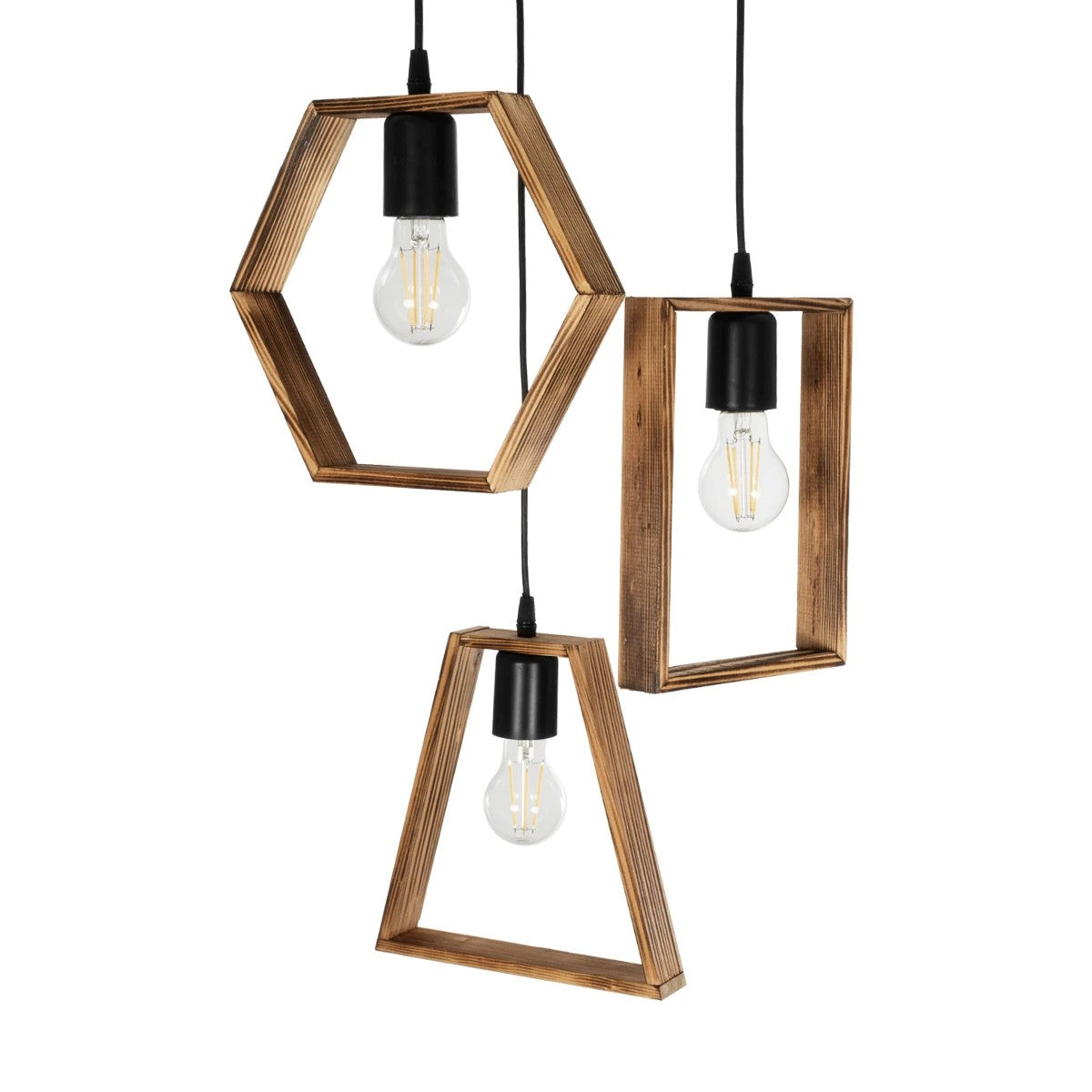 GloboStar® EMBER 201-0102 Vintage Κρεμαστό Φωτιστικό Φιγούρα Τρίφωτο 3 x E27 IP20 Μαύρο Μέταλλο με Καφέ Ξύλο - Μ50 x Π50 x Υ70cm - ledmania.gr