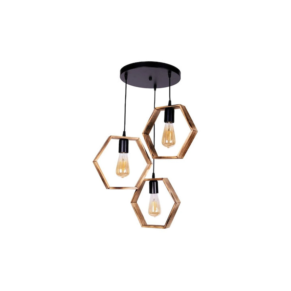 GloboStar® LUSTRO 201-0105 Vintage Κρεμαστό Φωτιστικό Φιγούρα Τρίφωτο 3 x E27 IP20 Μαύρο Μέταλλο με Καρυδί Ξύλο - Μ45 x Π45 x Υ70cm - ledmania.gr