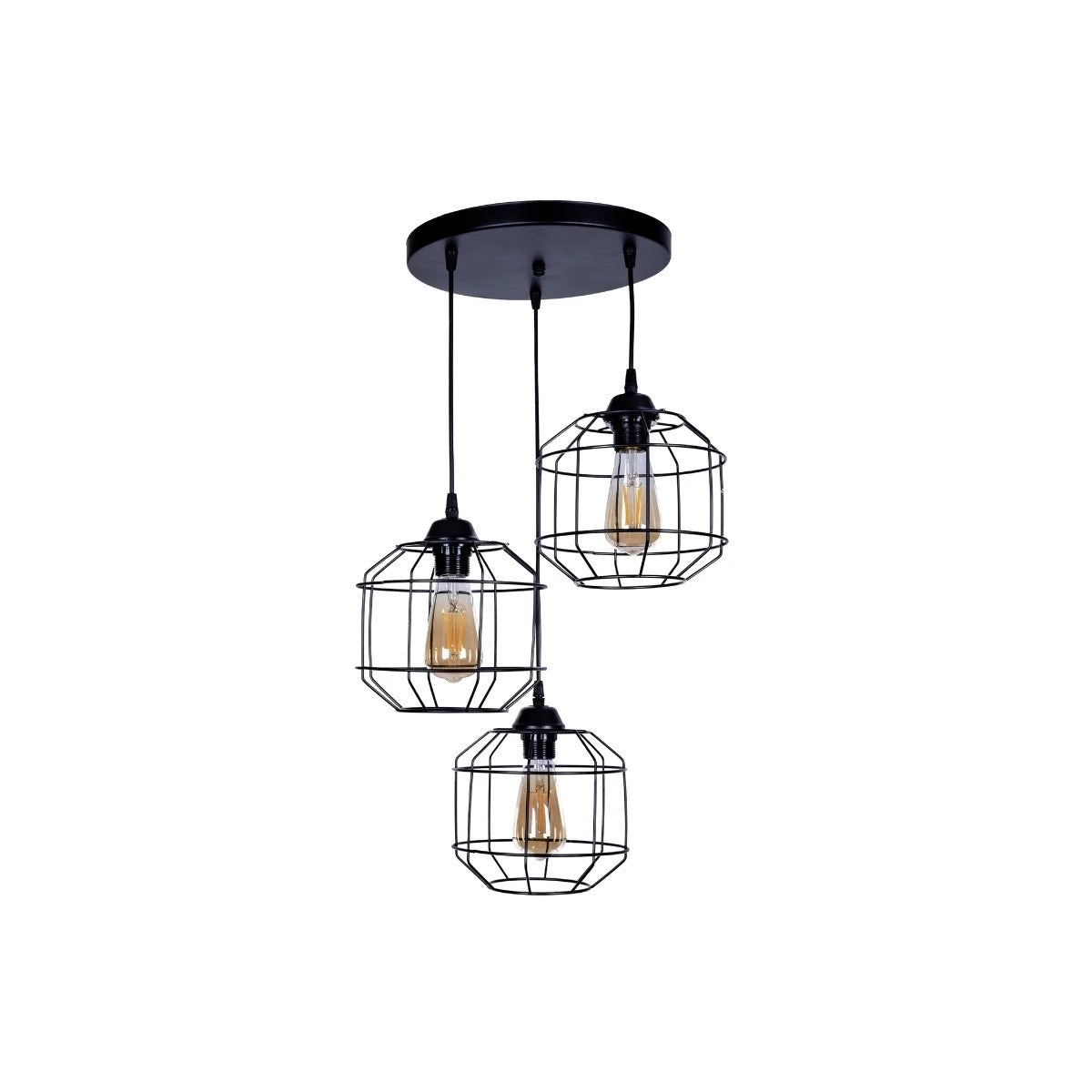 GloboStar® RAYNO 201-0108 Vintage Κρεμαστό Φωτιστικό Πλέγμα Τρίφωτο 3 x E27 IP20 Μαύρο Μέταλλο - Μ40 x Π40 x Υ60cm - ledmania.gr