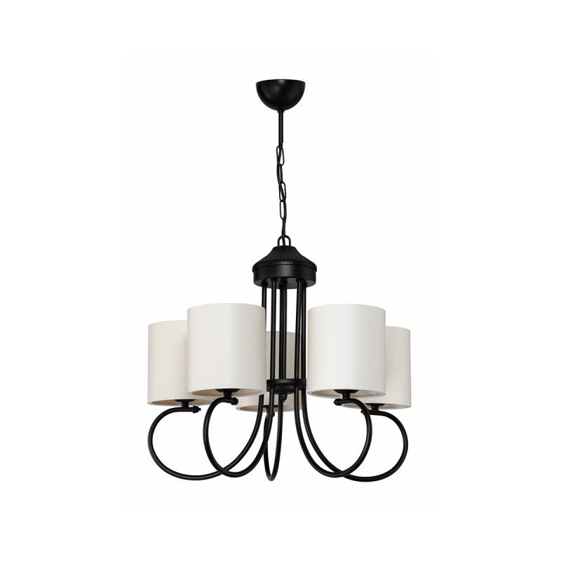 GloboStar® TRITON 203-0253 Vintage Κρεμαστό Φωτιστικό Καπέλο Πολύφωτο 5 x E27 IP20 Μαύρο Μέταλλο με Μπέζ Ύφασμα - Μ50 x Π50 x Υ48cm - ledmania.gr