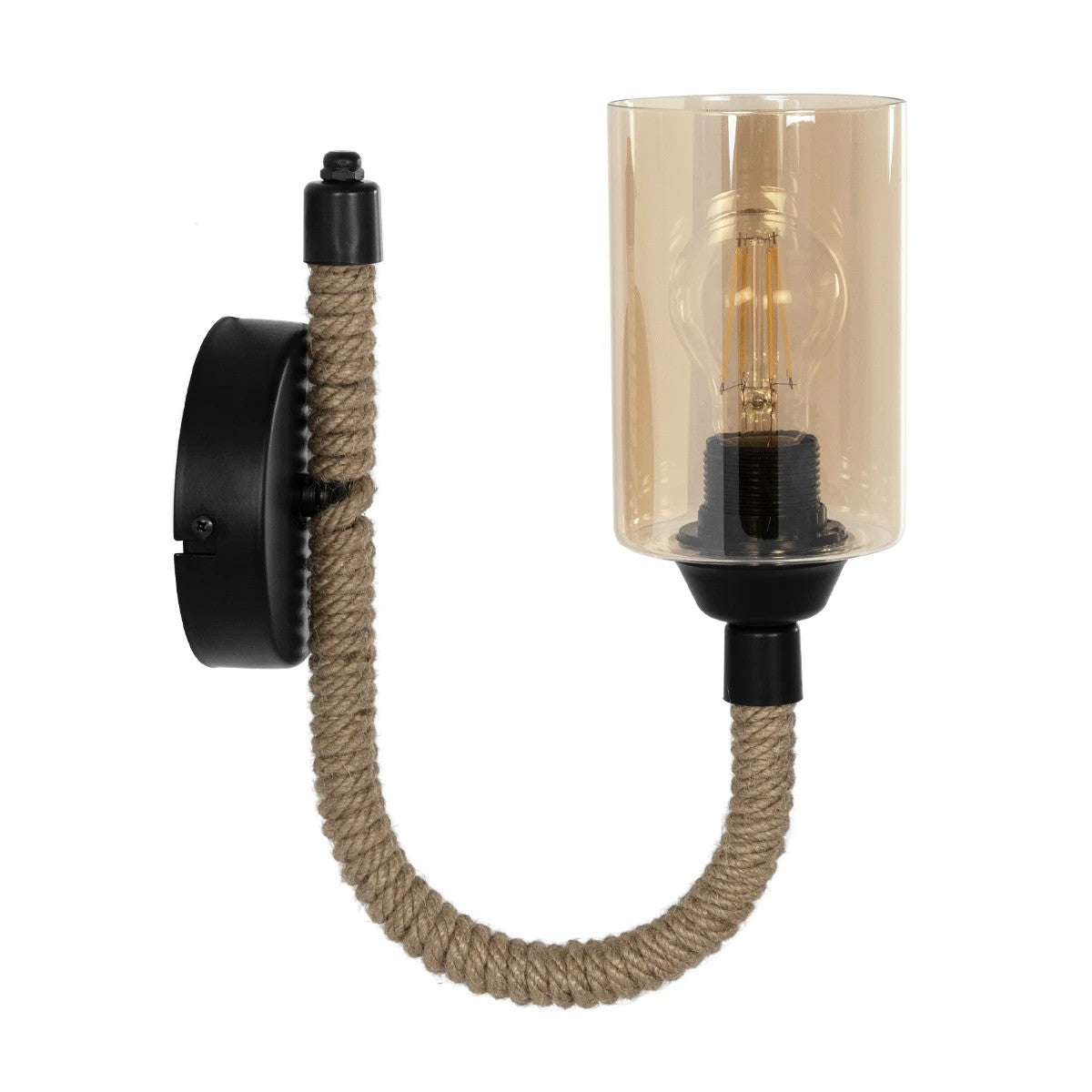 GloboStar® RIFT 203-0002 Vintage Επιτοίχιο Φωτιστικό Απλίκα Σχοινί Μονόφωτο 1 x E27 IP20 Μαύρο Μέταλλο με Μπεζ Σχοινί με Φιμέ Γυαλί - Μ12 x Π24 x Υ31cm
