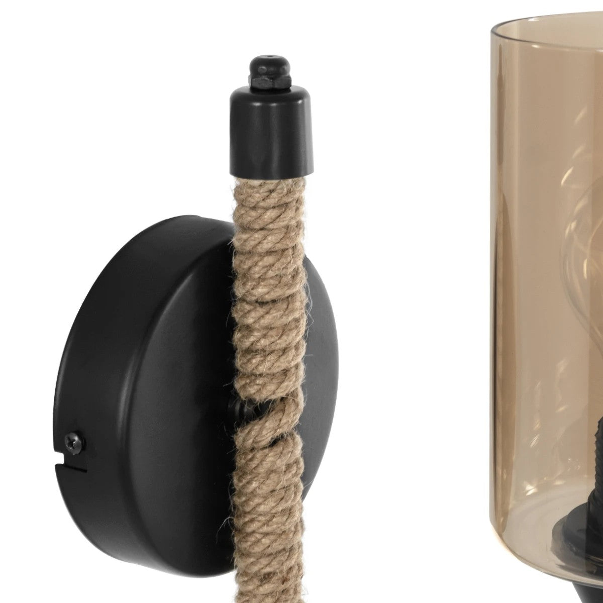 GloboStar® RIFT 203-0002 Vintage Επιτοίχιο Φωτιστικό Απλίκα Σχοινί Μονόφωτο 1 x E27 IP20 Μαύρο Μέταλλο με Μπεζ Σχοινί με Φιμέ Γυαλί - Μ12 x Π24 x Υ31cm - ledmania.gr