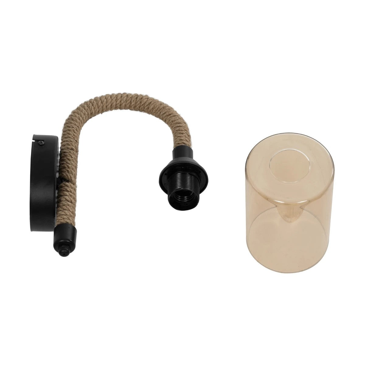 GloboStar® RIFT 203-0002 Vintage Επιτοίχιο Φωτιστικό Απλίκα Σχοινί Μονόφωτο 1 x E27 IP20 Μαύρο Μέταλλο με Μπεζ Σχοινί με Φιμέ Γυαλί - Μ12 x Π24 x Υ31cm - ledmania.gr