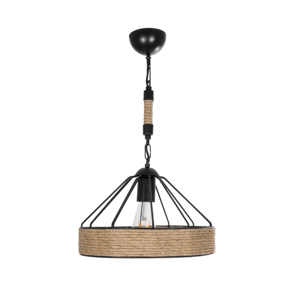GloboStar® ZION 203-0003 Vintage Κρεμαστό Φωτιστικό Σχοινί Μονόφωτο 1 x E27 IP20 Μαύρο Μέταλλο με Μπεζ Σχοινί - Μ33 x Π33 x Υ29cm - ledmania.gr