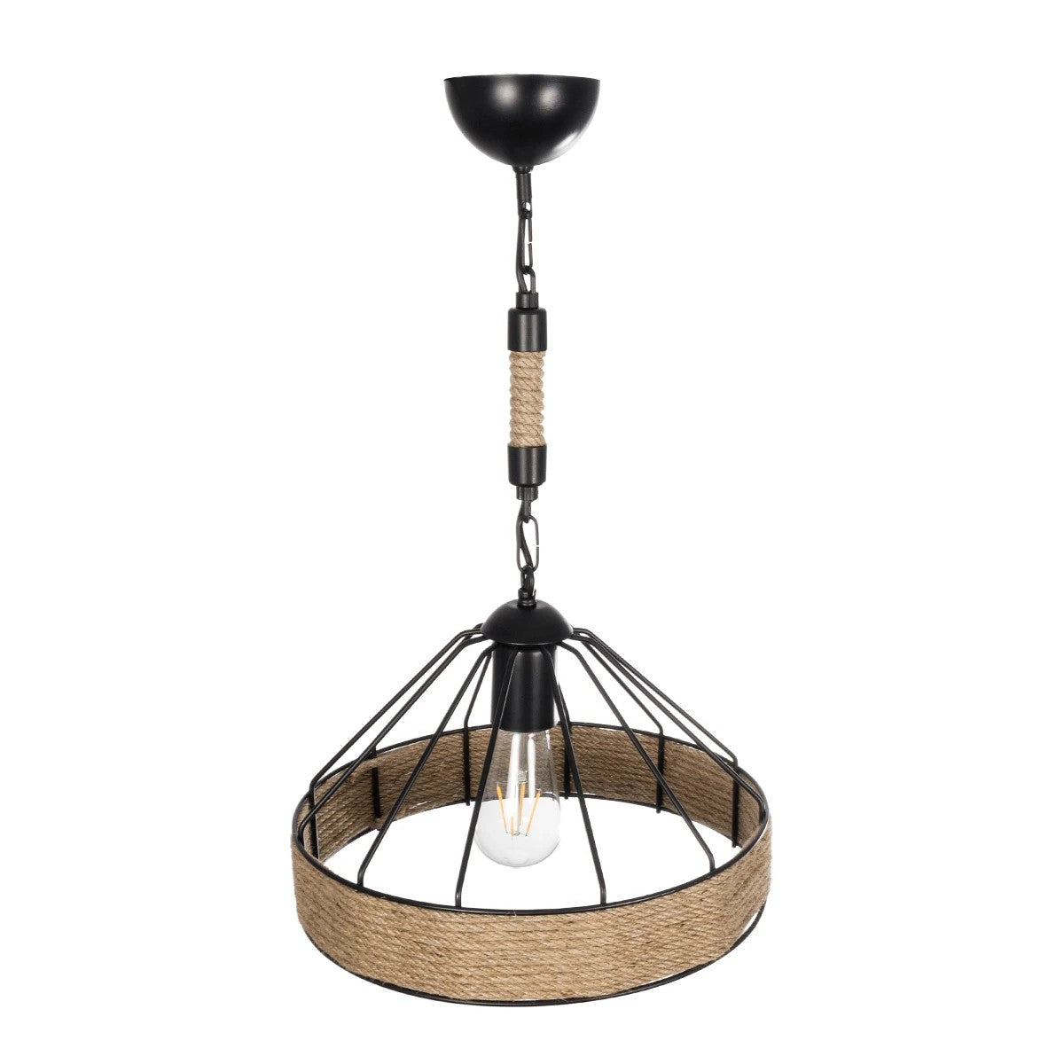 GloboStar® ZION 203-0003 Vintage Κρεμαστό Φωτιστικό Σχοινί Μονόφωτο 1 x E27 IP20 Μαύρο Μέταλλο με Μπεζ Σχοινί - Μ33 x Π33 x Υ29cm - ledmania.gr