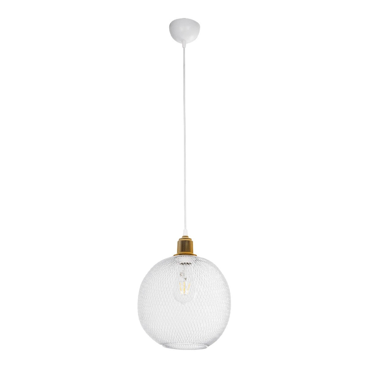 GloboStar® WIRE 203-0005 Μοντέρνο Κρεμαστό Φωτιστικό Πλέγμα Μονόφωτο 1 x E27 IP20 Λευκό & Χρυσό Μέταλλο - Μ25 x Π25 x Υ30cm - ledmania.gr