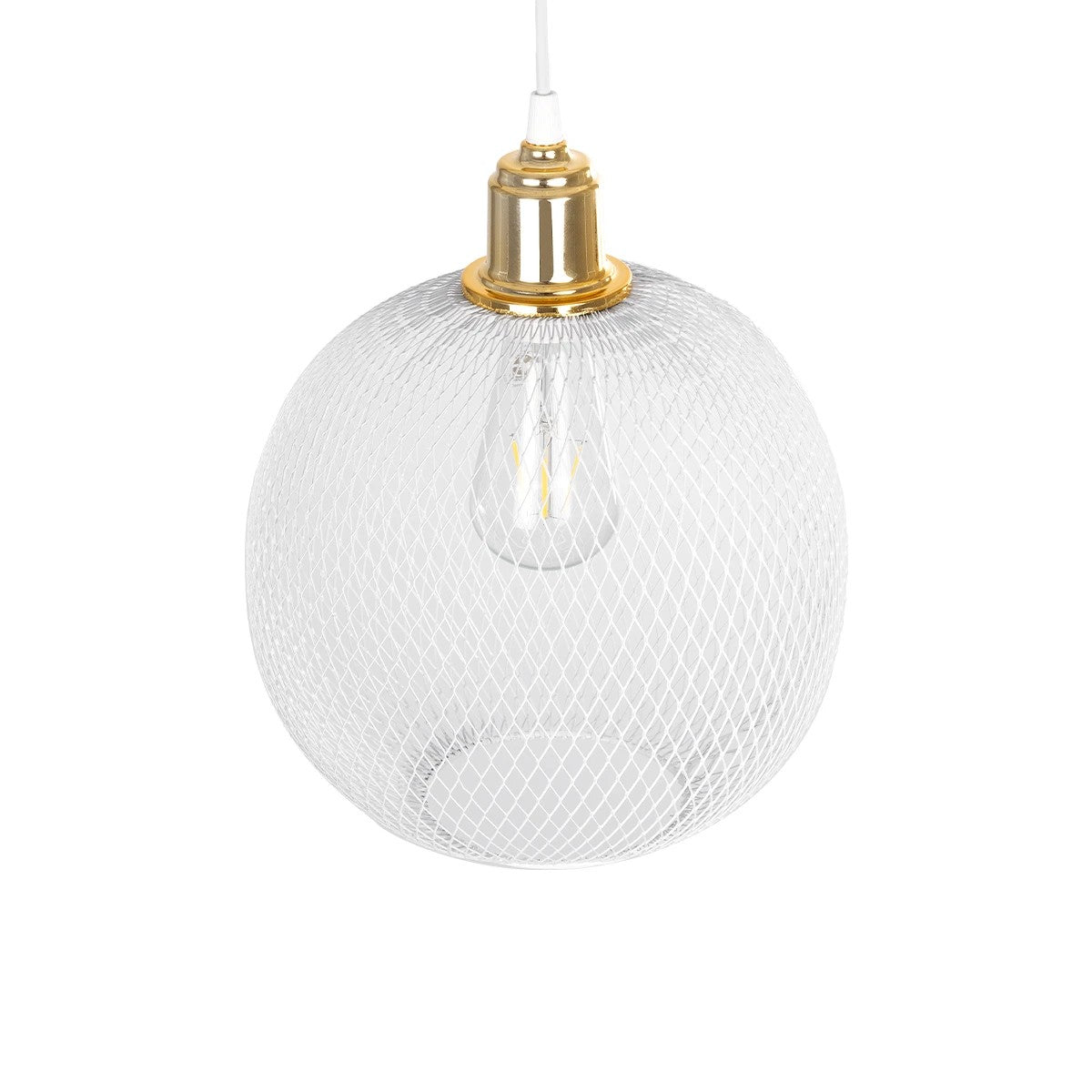 GloboStar® WIRE 203-0005 Μοντέρνο Κρεμαστό Φωτιστικό Πλέγμα Μονόφωτο 1 x E27 IP20 Λευκό & Χρυσό Μέταλλο - Μ25 x Π25 x Υ30cm - ledmania.gr