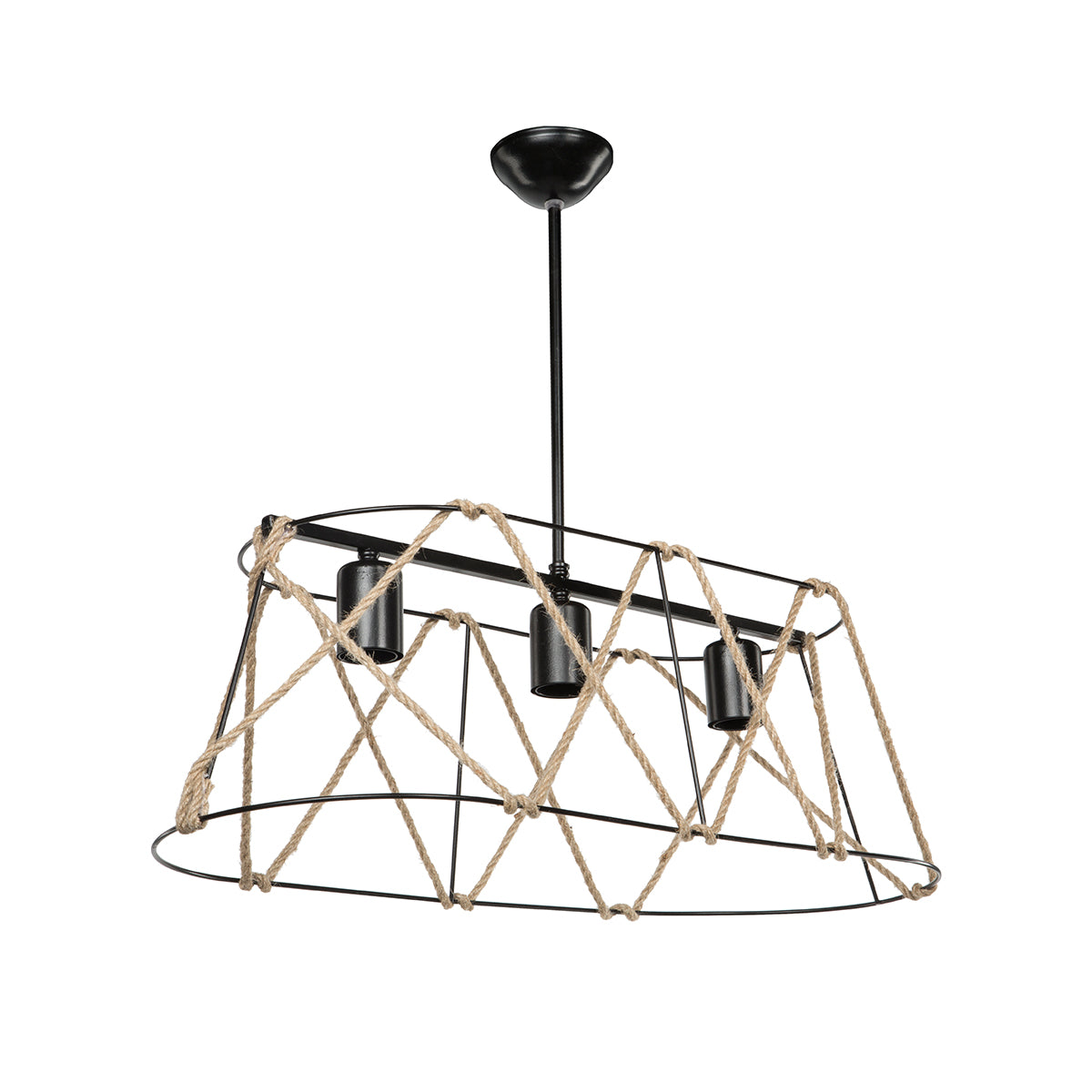 GloboStar® GATSBY 203-0006 Vintage Κρεμαστό Φωτιστικό Σχοινί Τρίφωτο 3 x E27 IP20 Μαύρο με Μπεζ Σχοινί - Μ60 x Π25 x Υ90cm - ledmania.gr