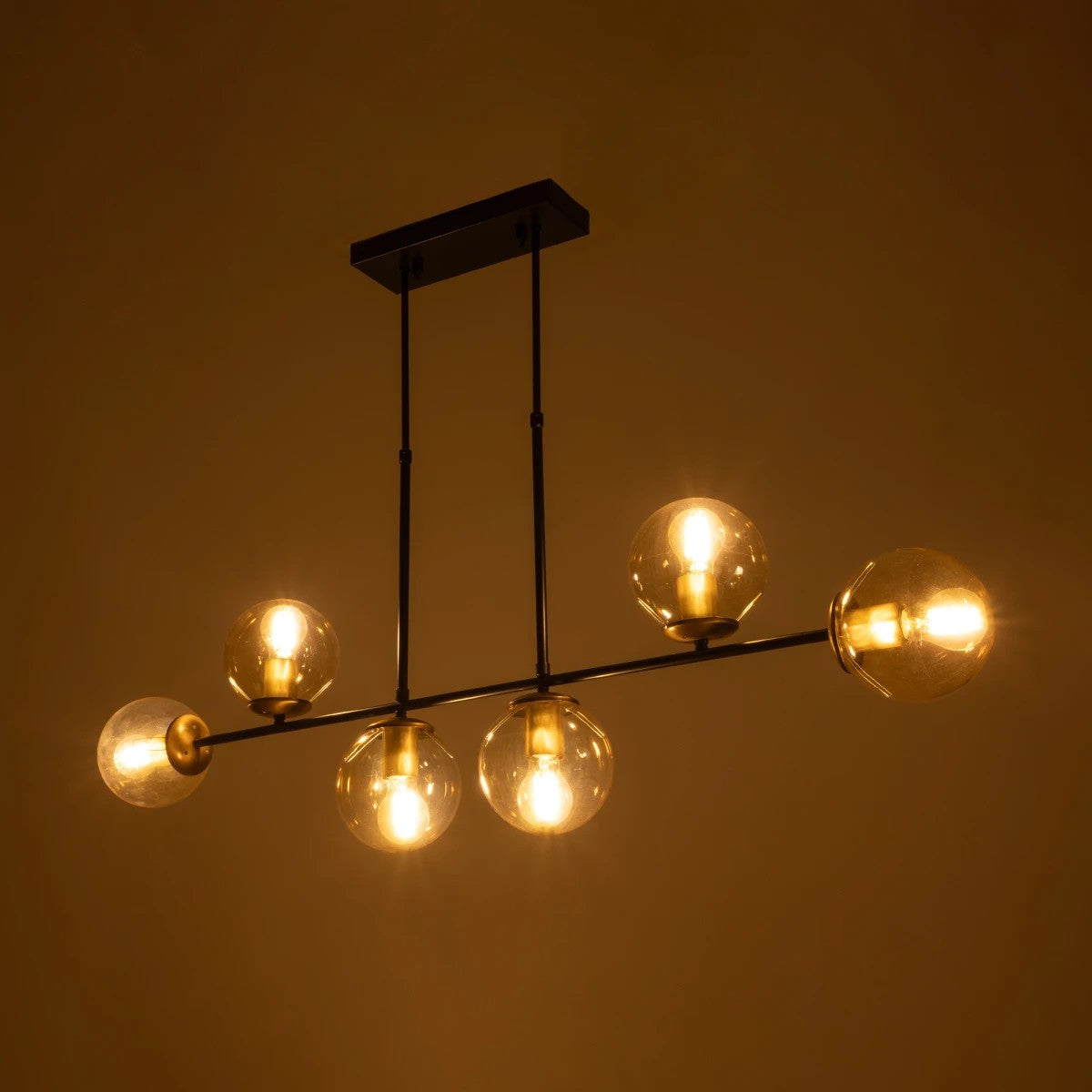 GloboStar® LATTICE 203-0016 Μοντέρνο Κρεμαστό Φωτιστικό Μπάλα Πολύφωτο 6 x E27 IP20 Μαύρο & Μπρούτζινο Μέταλλο με Mελί Γυαλί - Μ120 x Π15 x Υ32cm - ledmania.gr