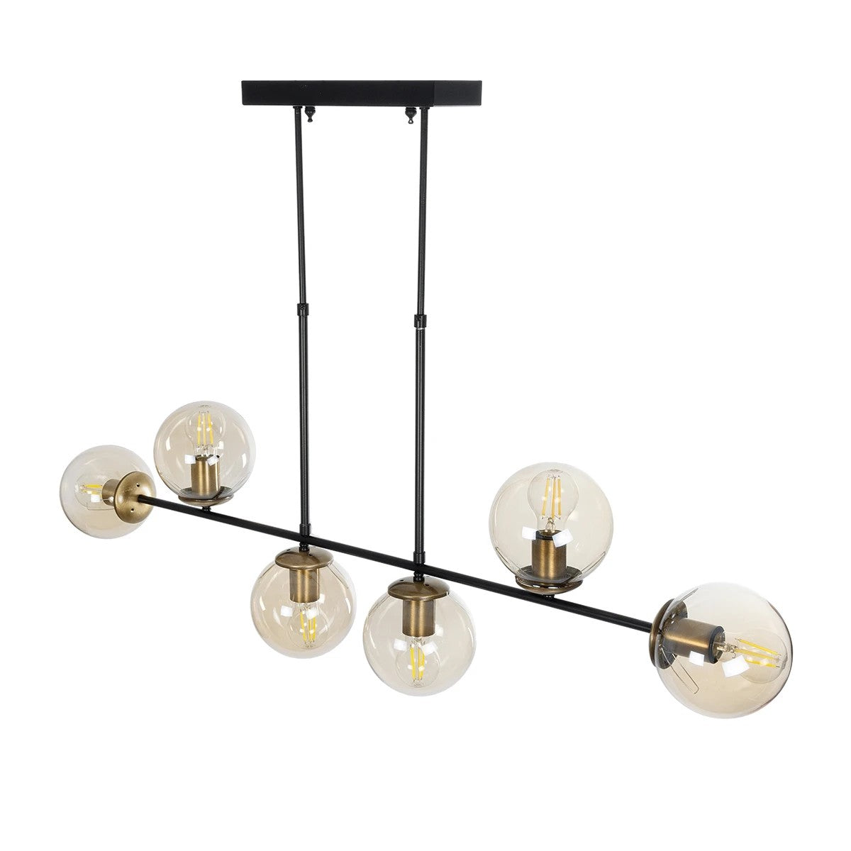 GloboStar® LATTICE 203-0016 Μοντέρνο Κρεμαστό Φωτιστικό Μπάλα Πολύφωτο 6 x E27 IP20 Μαύρο & Μπρούτζινο Μέταλλο με Mελί Γυαλί - Μ120 x Π15 x Υ32cm - ledmania.gr