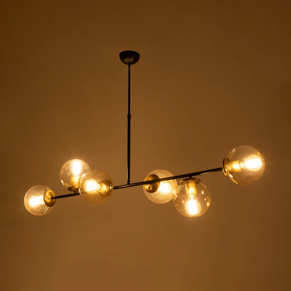 GloboStar® LATTICE 203-0017 Μοντέρνο Κρεμαστό Φωτιστικό Μπάλα Πολύφωτο 6 x E27 IP20 Μαύρο & Μπρούτζινο Μέταλλο με Mελί Γυαλί - Μ120 x Π32 x Υ32cm - ledmania.gr