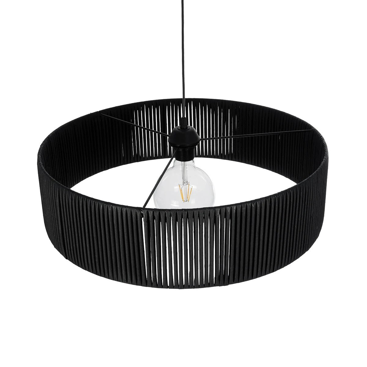 GloboStar® KYCLOS 203-0046 Boho Κρεμαστό Φωτιστικό Καπέλο Μονόφωτο 1 x E27 IP20 Μαύρο Rattan - M55 x Π55 x Υ20cm - ledmania.gr