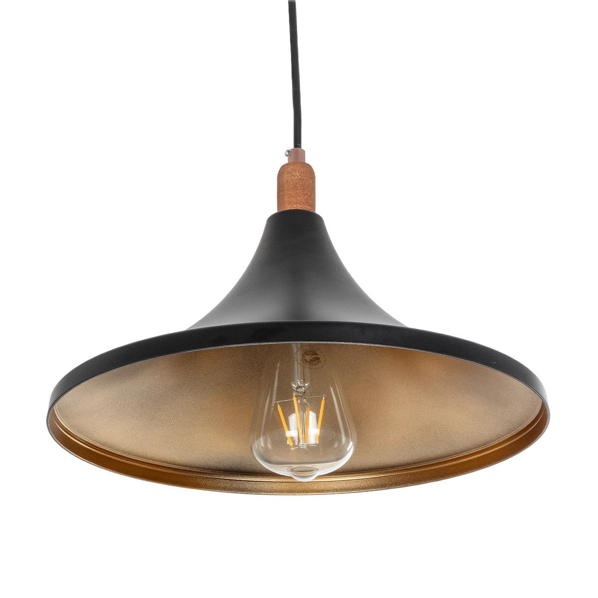 GloboStar® BELFRY 203-0077 Μοντέρνο Κρεμαστό Φωτιστικό Καμπάνα Μονόφωτο 1 x E27 IP20 Μαύρο & Χρυσό Πλαστικό - Μ29.5 x Π29.5 x Υ22cm - ledmania.gr