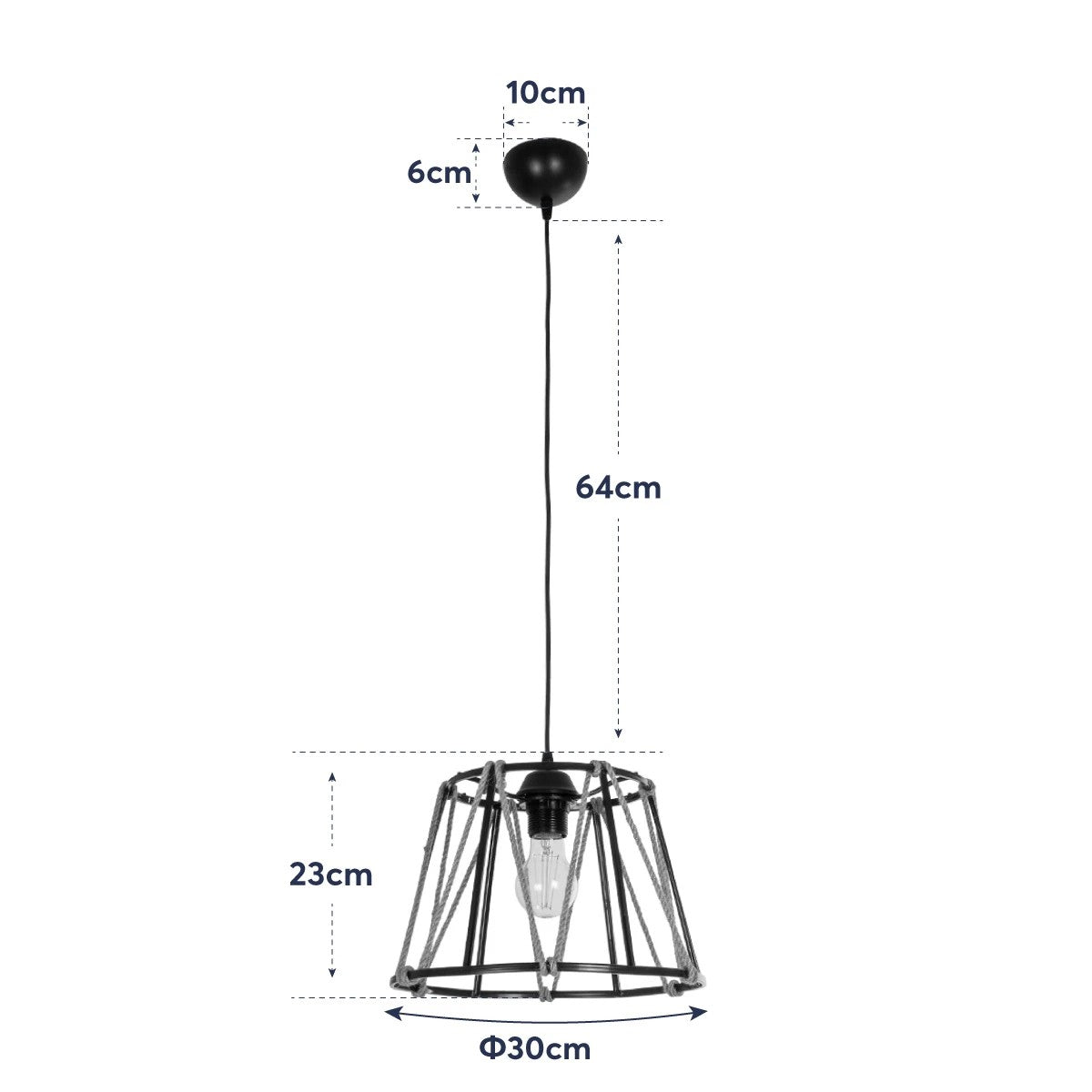 GloboStar® JUTE 203-0090 Μοντέρνο Κρεμαστό Φωτιστικό Σχοινί Μονόφωτο 1 x E27 IP20 Μαύρο Πλαστικό με Μπεζ Σχοινί - Μ30 x Π30 x Υ23cm - ledmania.gr