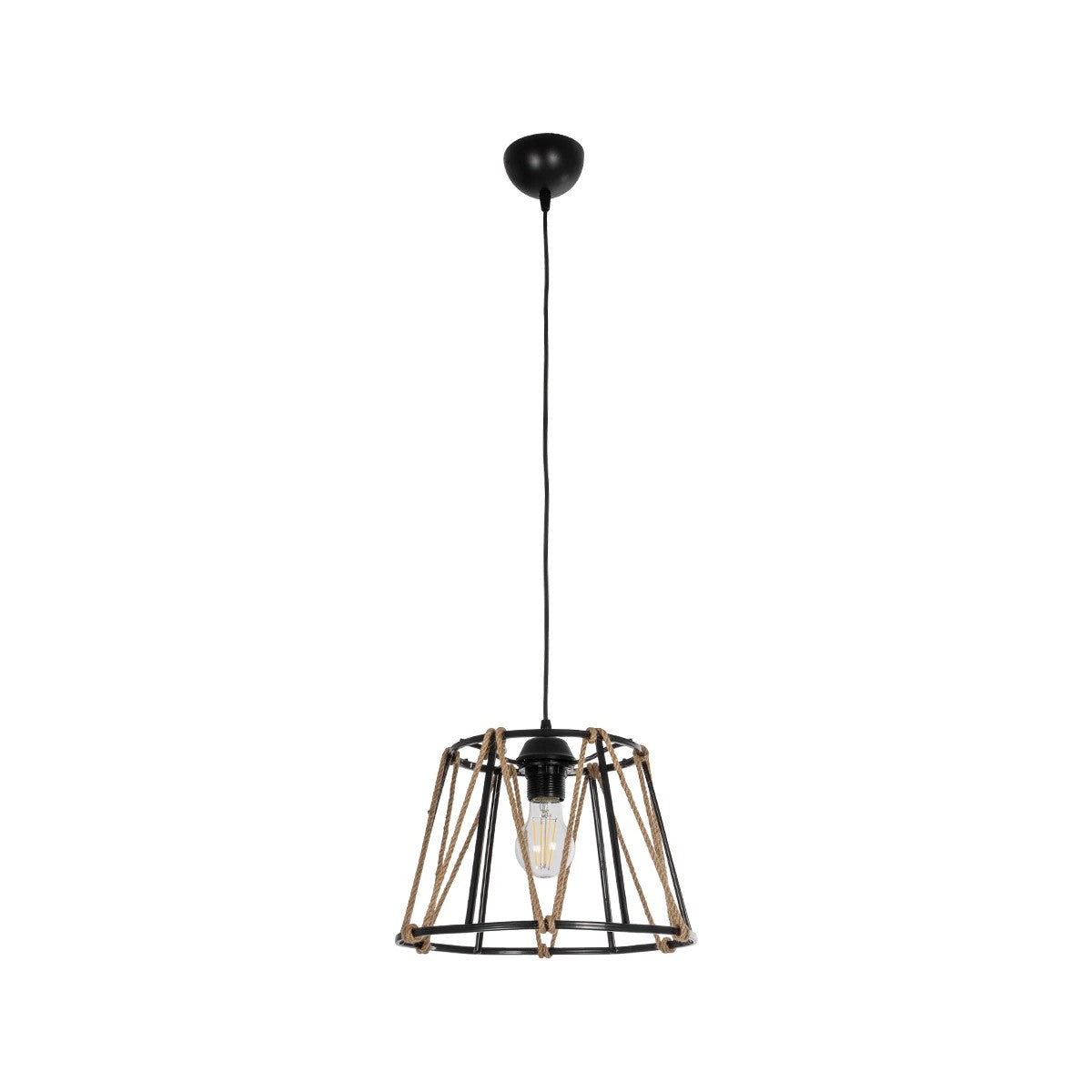 GloboStar® JUTE 203-0090 Μοντέρνο Κρεμαστό Φωτιστικό Σχοινί Μονόφωτο 1 x E27 IP20 Μαύρο Πλαστικό με Μπεζ Σχοινί - Μ30 x Π30 x Υ23cm - ledmania.gr