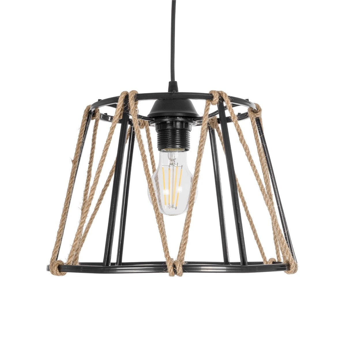 GloboStar® JUTE 203-0090 Μοντέρνο Κρεμαστό Φωτιστικό Σχοινί Μονόφωτο 1 x E27 IP20 Μαύρο Πλαστικό με Μπεζ Σχοινί - Μ30 x Π30 x Υ23cm - ledmania.gr