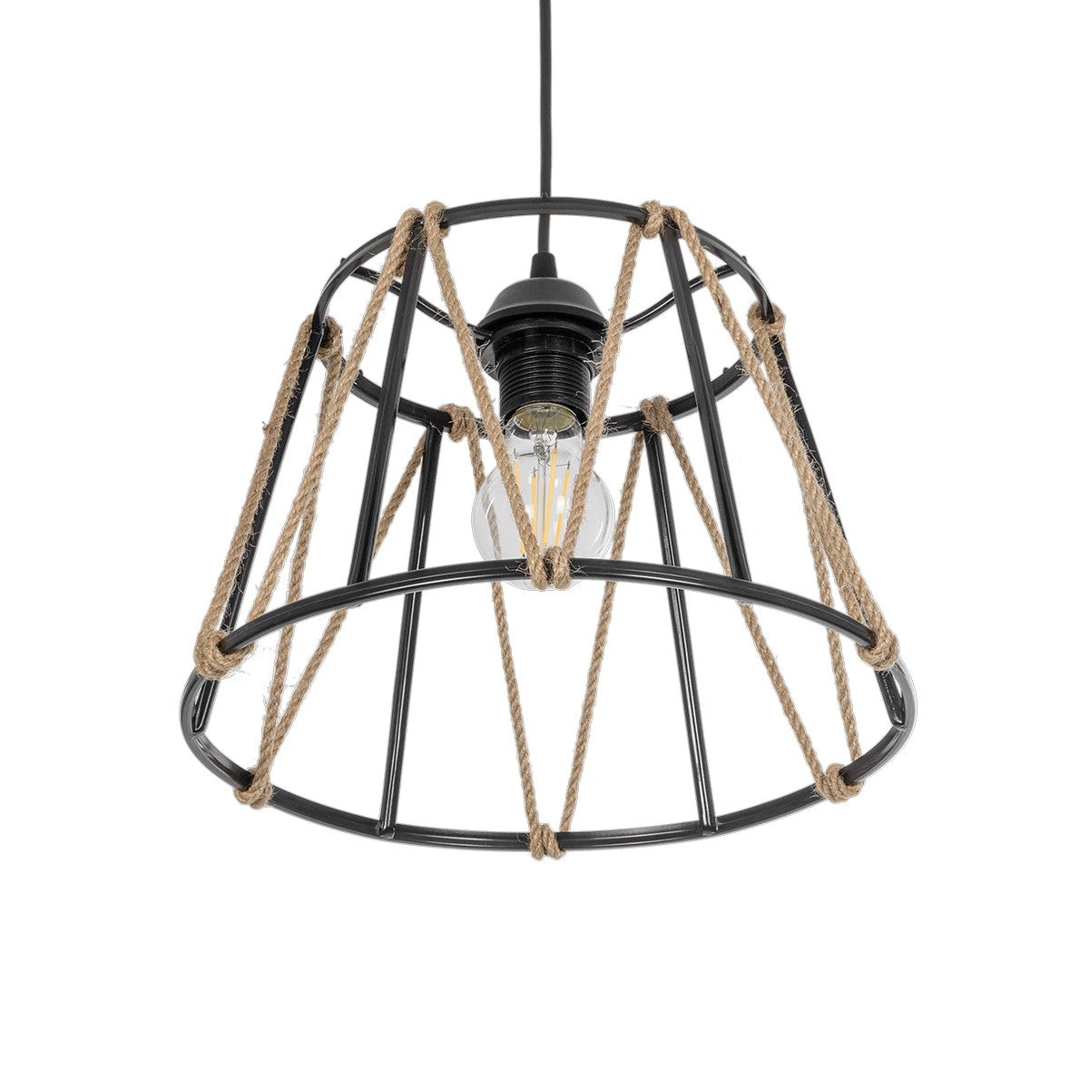 GloboStar® JUTE 203-0090 Μοντέρνο Κρεμαστό Φωτιστικό Σχοινί Μονόφωτο 1 x E27 IP20 Μαύρο Πλαστικό με Μπεζ Σχοινί - Μ30 x Π30 x Υ23cm - ledmania.gr