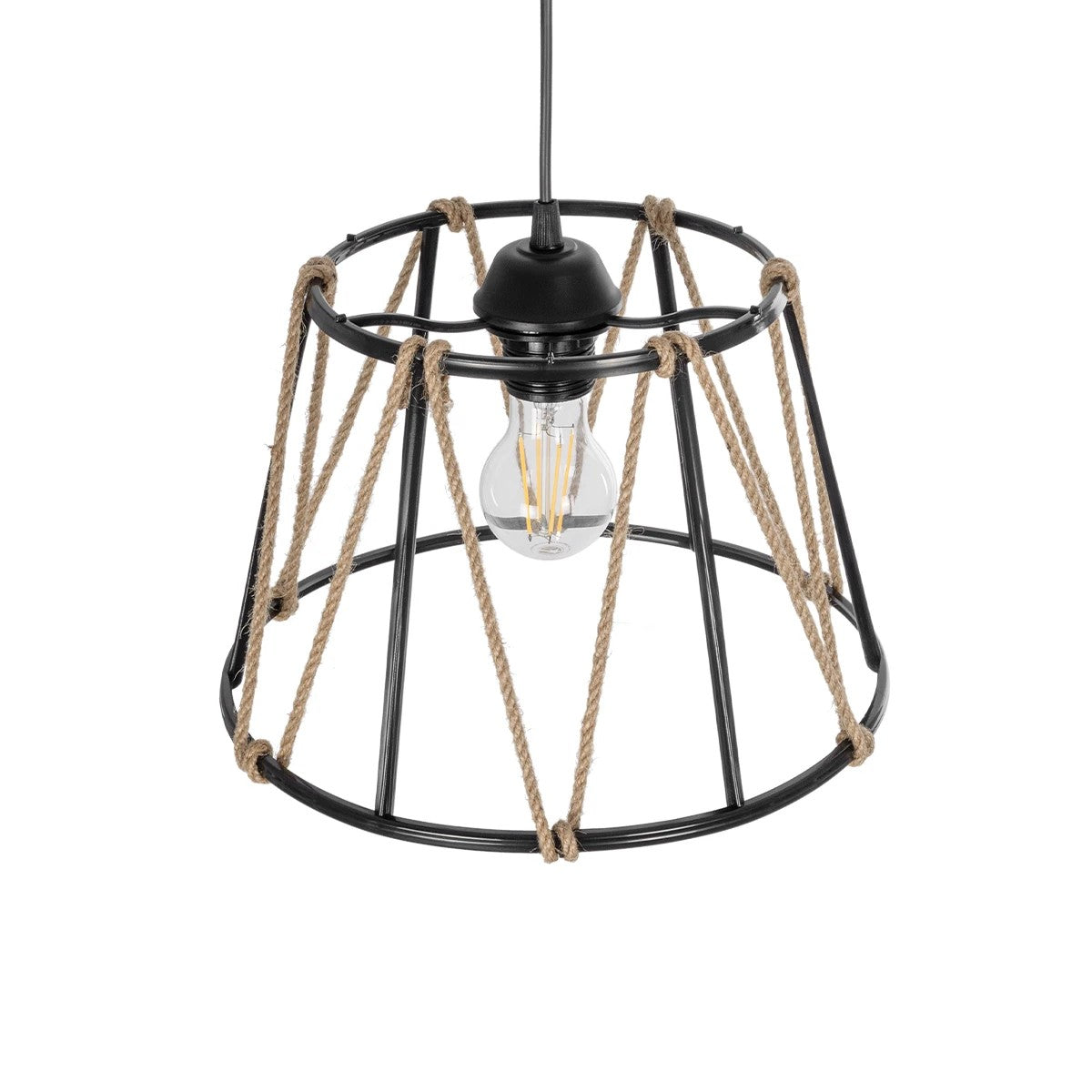 GloboStar® JUTE 203-0090 Μοντέρνο Κρεμαστό Φωτιστικό Σχοινί Μονόφωτο 1 x E27 IP20 Μαύρο Πλαστικό με Μπεζ Σχοινί - Μ30 x Π30 x Υ23cm - ledmania.gr
