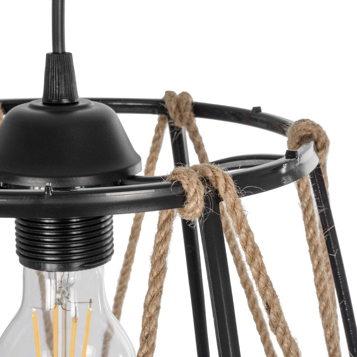 GloboStar® JUTE 203-0090 Μοντέρνο Κρεμαστό Φωτιστικό Σχοινί Μονόφωτο 1 x E27 IP20 Μαύρο Πλαστικό με Μπεζ Σχοινί - Μ30 x Π30 x Υ23cm - ledmania.gr