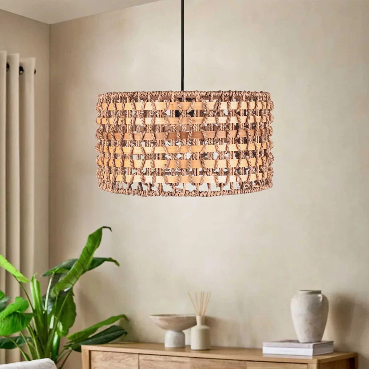 GloboStar® POMEGRANDE 204-0158 Boho Κρεμαστό Φωτιστικό Kαπέλο Μονόφωτο 1 x E27 IP20 Μπεζ Rattan με Καφέ Ξυλο - Μ30 x Π30 x Υ16cm - ledmania.gr
