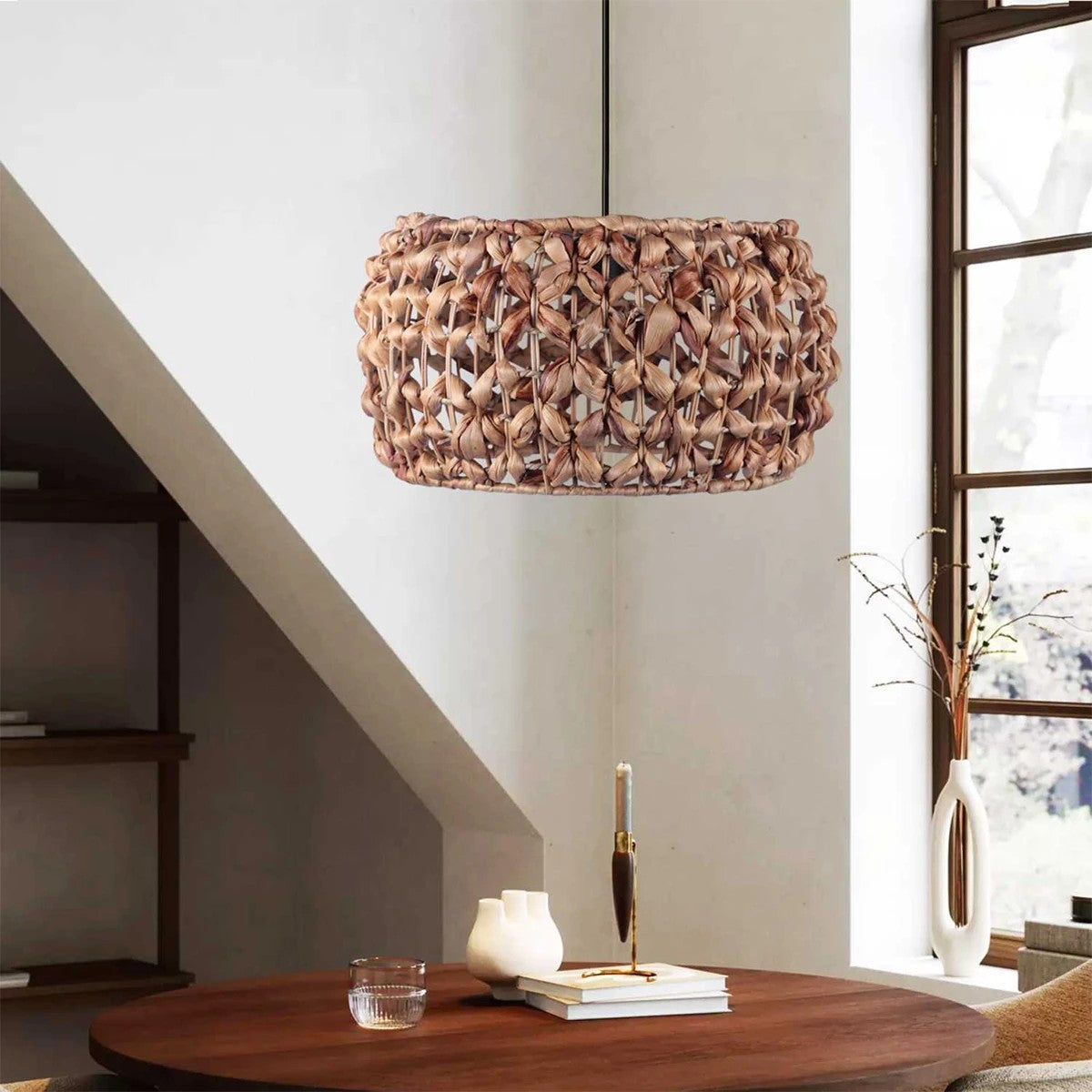 GloboStar® DARIO 204-0159 Boho Κρεμαστό Φωτιστικό Kαπέλο Μονόφωτο 1 x E27 IP20 Καφέ Rattan - Μ29 x Π29 x Υ16cm - ledmania.gr