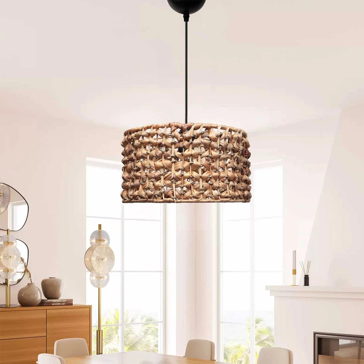GloboStar® POMEGRANDE 204-0160 Boho Κρεμαστό Φωτιστικό Kαπέλο Μονόφωτο 1 x E27 IP20 Καφέ Rattan - Μ29 x Π29 x Υ16cm - ledmania.gr