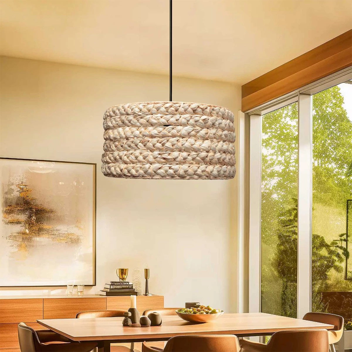 GloboStar® POMEGRANDE 204-0161 Boho Κρεμαστό Φωτιστικό Kαπέλο Μονόφωτο 1 x E27 IP20 Μπεζ Rattan - Μ29 x Π29 x Υ15cm - ledmania.gr